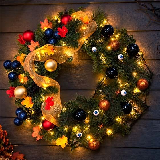 Autumn and Halloween wreath with gold ribbon, fall leaves, black ornaments, eyeballs and spiders